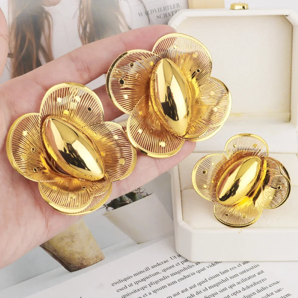 New Fashion Style Gold Plated Earrings Ring Set for Women Girls Dubai Luxury Exaggerated Design Jewelry Gift for Party Easter