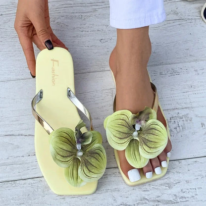 New Flip Flops Women's Slippers 2025 Summer Square Toe Flat Sandals Outdoor Casual Slippers Women Fashion Flowers Shoes Ladies