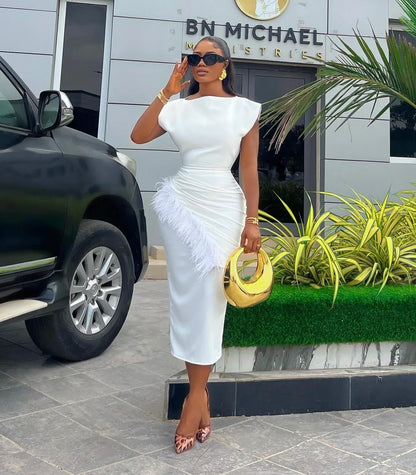 Women Dresses O Neck Pullover Solid Sexy Wrap Buttocks Vestidos Ankle Length Office Lady Dress Slim Fit Sheath Feathers