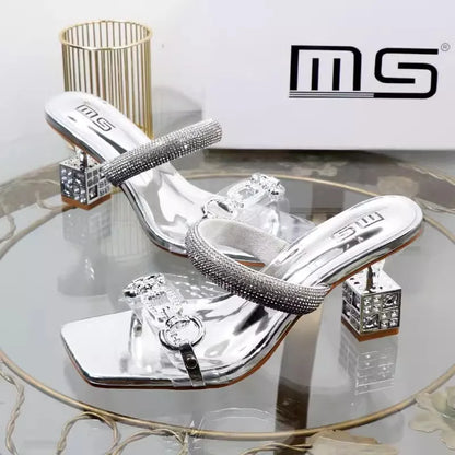 Womens Slippers with Middle Heel Open Toes Anti Slip Rhinestones Chain Buckle 2025 New Summer Outdoor PU Fashion Slippers