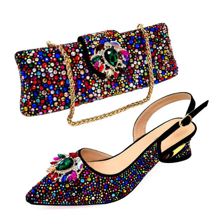 New Arrival Fashion Shoes Matching Bag Set Royal Blue Color Decorated with Crystal Ladies Wedding Party Women High Heel