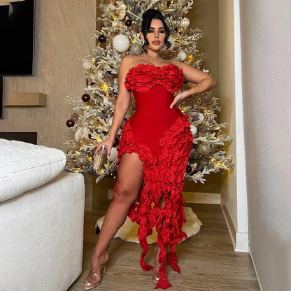 Women Strapless Ruffles Tassel Splicing Irregular Birthday Bodycon Midi Maxi Dress 2025 Even Sexy Party Dresses Vestidos
