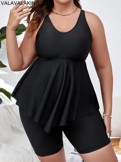Valavalaki 2025 Solid 2 Piece Plus Size Tankini Set Women Push Up Large Big Swimsuit Beach High Waist Chubby Curvy Bathing Suit