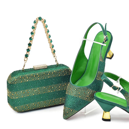 RUTIALNT Silver & Gold Crystal Shoe and Bag Set for Women