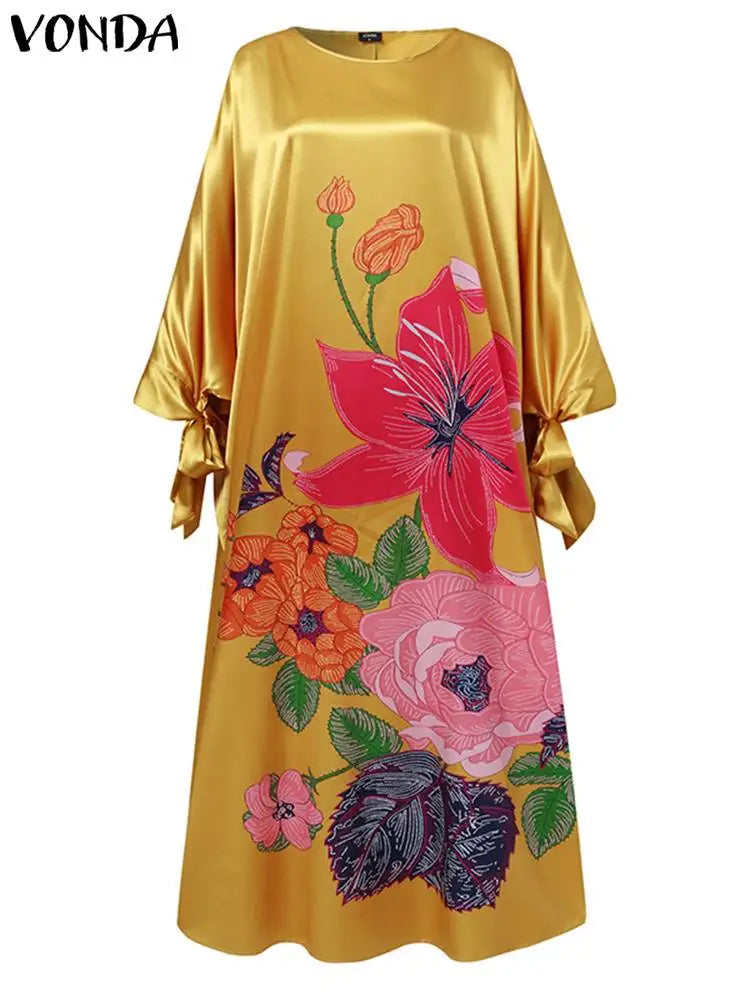 VONDA Elegant Floral Kaftan Maxi Dress – Loose Fit Satin Robe for Women