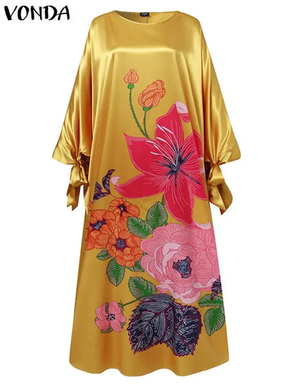 VONDA Elegant Floral Kaftan Maxi Dress – Loose Fit Satin Robe for Women