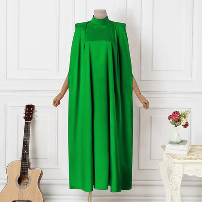 Women Evening Maxi Dress VONDA 2023 Summer Stand Collar Elegant Satin Long Bat Sleeve Pleated Sundress Casual Solid Robe Femme