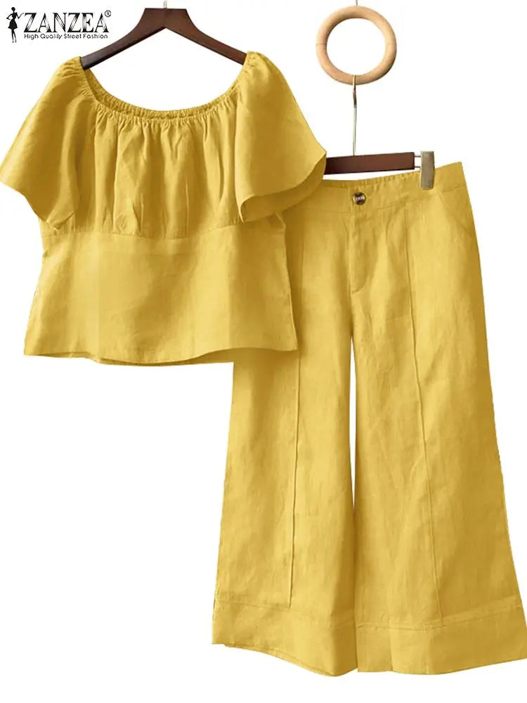 Summer Women Matching Sets ZANZEA 2PCS Elegant Short Sleeve Blouse Wide Leg Pants Fasahion OL Work Pant Sets Holiday Tracksuits