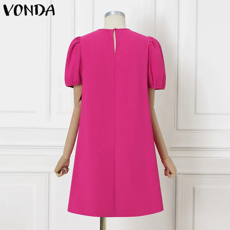 VONDA Women Party Dress Solid Color Casual Office Work Mini Sundress 2025 Summer Female O Neck Vestidos Oversized Loose Robe
