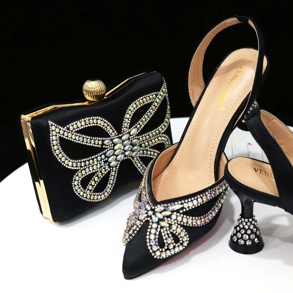 Venus Chan 2023 Yellow Classy Bowknot Pointed Toe Women's Shoes High Heel Elegant Sandals Shallow Mouth Shoes Bag Set Women