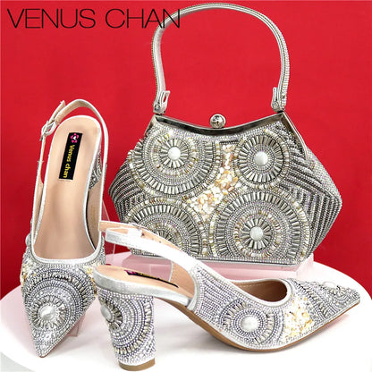 Spot Goods Elegant Streamlined Pointed Toe Women's Shoes Matching Flower Basket Handbag Party Women's Shoes And Bag Set
