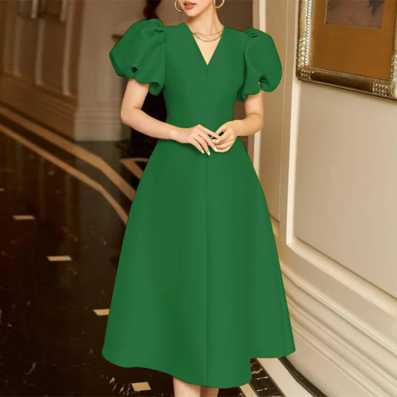 ZANZEA Woman Elegant Party Dress Summer Puff Sleeve V-Neck Dresses Fashion Solid Sundress Vintage A Line Vestidos Oversized 2024