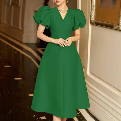 ZANZEA Woman Elegant Party Dress Summer Puff Sleeve V-Neck Dresses Fashion Solid Sundress Vintage A Line Vestidos Oversized 2024