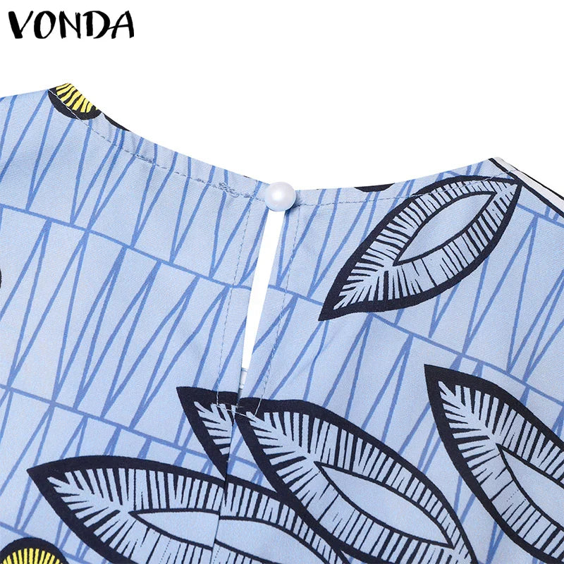 VONDA Bohemian Vestidos 2024 Women Casual Flared Long Sleeve Maxi Dresses Round Neck Loose Print Sundress Ruffles Pleated Robes