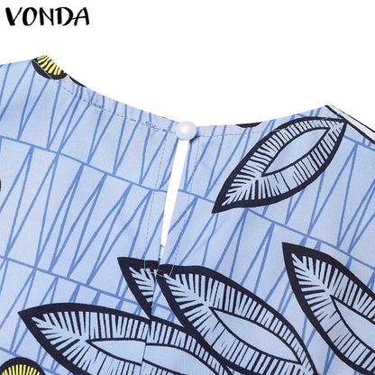 VONDA Bohemian Vestidos 2024 Women Casual Flared Long Sleeve Maxi Dresses Round Neck Loose Print Sundress Ruffles Pleated Robes