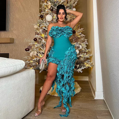 Women Strapless Ruffles Tassel Splicing Irregular Birthday Bodycon Midi Maxi Dress 2025 Even Sexy Party Dresses Vestidos