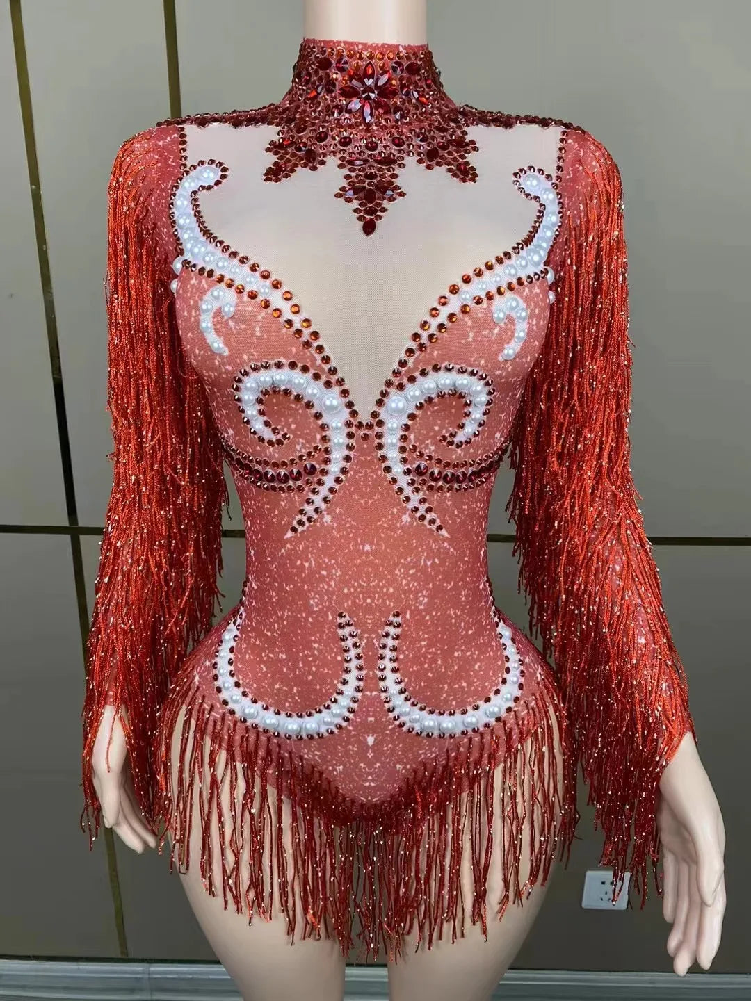 Stage Latin dance cha-cha dance practice suit stretch slim skirt fringe flash small diamond pearl design suit