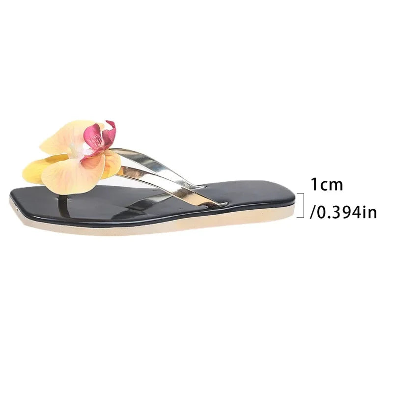 New Flip Flops Women's Slippers 2025 Summer Square Toe Flat Sandals Outdoor Casual Slippers Women Fashion Flowers Shoes Ladies