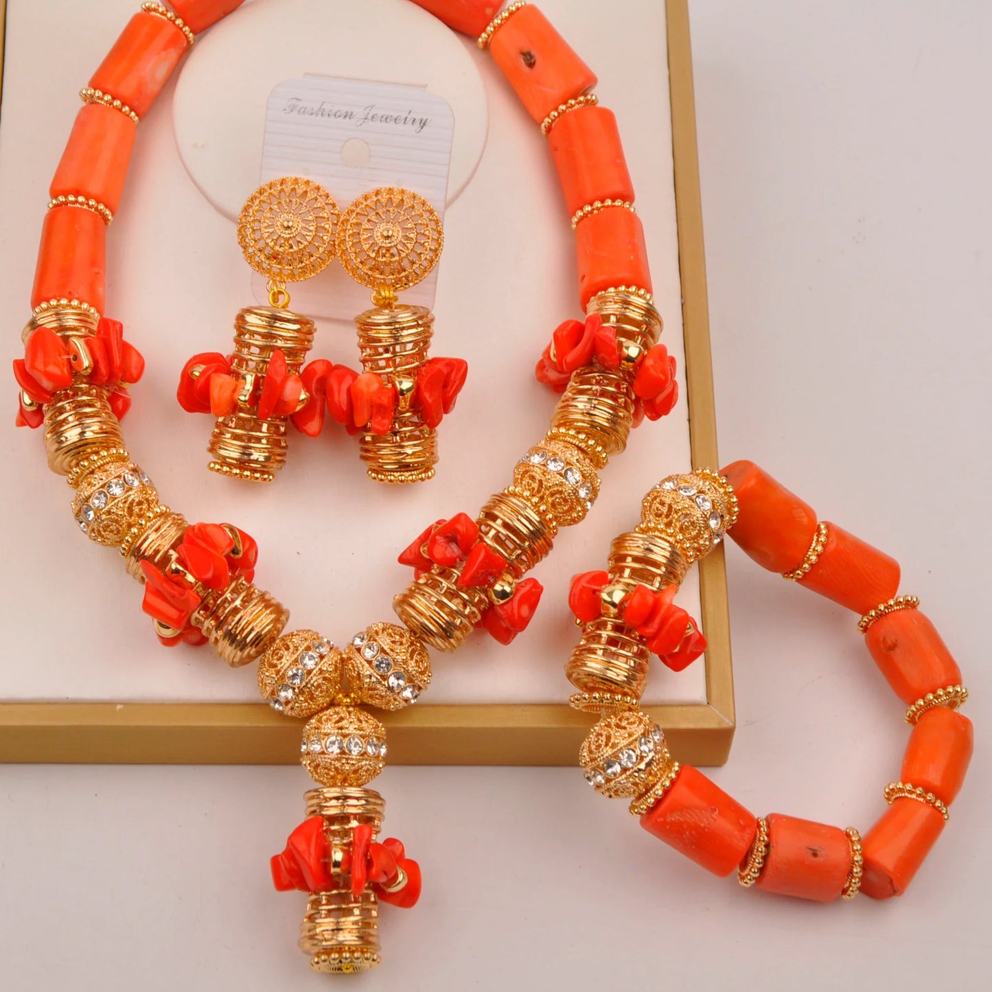splendid orange nigeria coral beads necklace african jewelry set bridal wedding jewelry sets C21-23-01