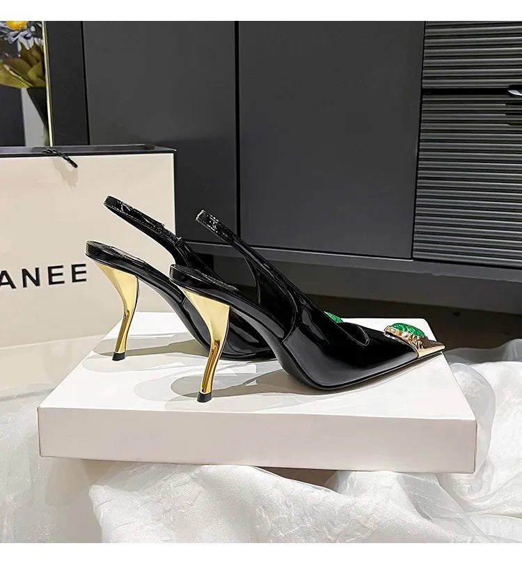 Women's Gem Metal Pointed Temperament High Heels with Sexy Empty Sandals