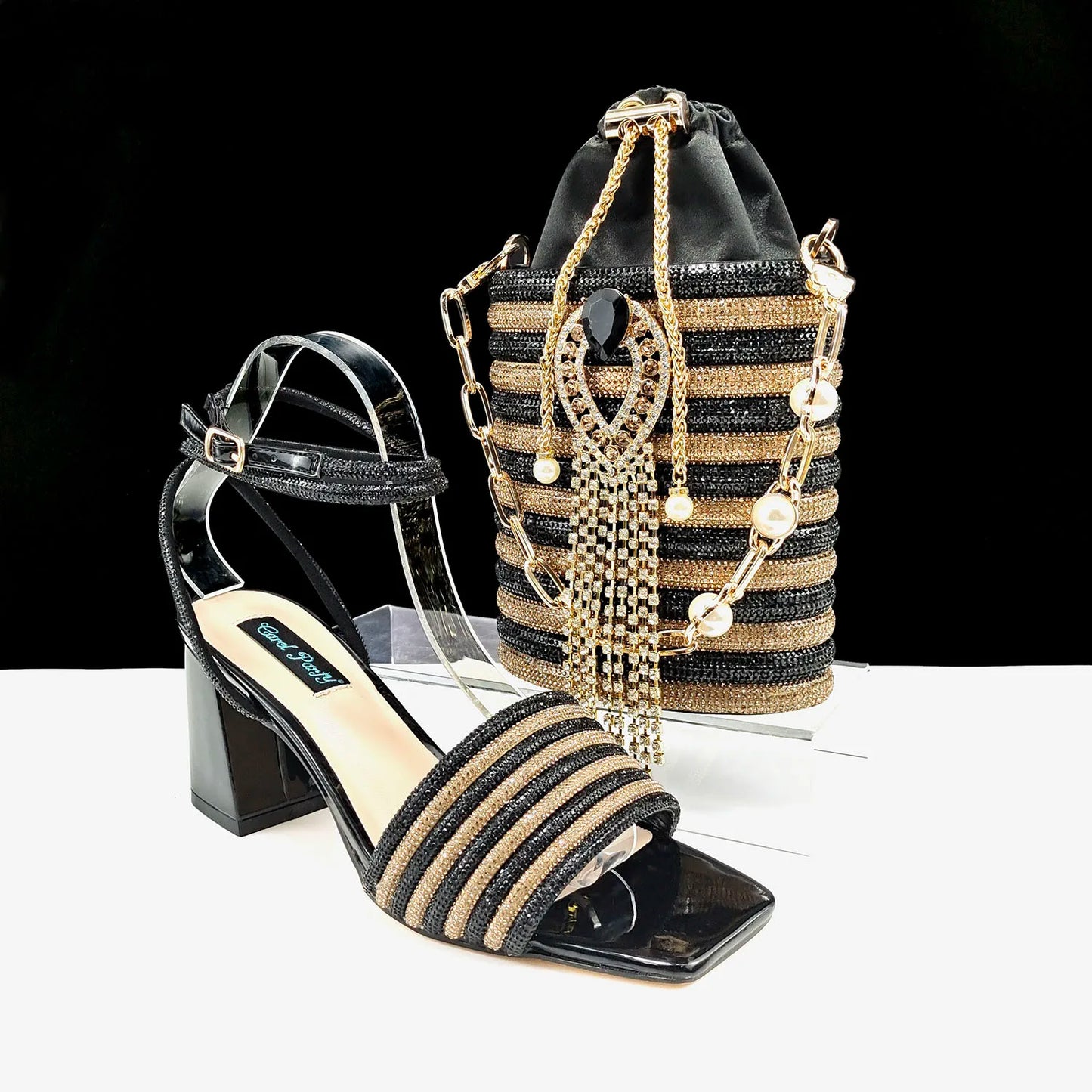 Newest Olive Colour Personalized  Design Rhinestone Decoration High Heel Peep Toe Banquet Ladies Shoes And Bag Set