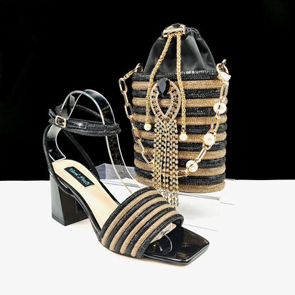 Newest Olive Colour Personalized  Design Rhinestone Decoration High Heel Peep Toe Banquet Ladies Shoes And Bag Set