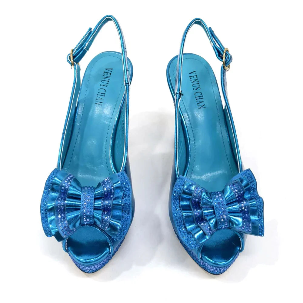 Venus Chan Open Toe Women Heels for 2024 Elegant Party Green Color Diamond Pumps Italian Shoes and Bags Matching Set