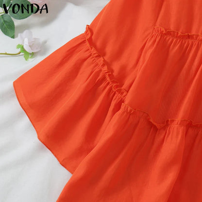 VONDA Women Ruffled Shirts 2025 Casual Flare Sleeve Tops Bohemian Blusas Solid Color Elegent Blouse Female Summer Tunic Oversize