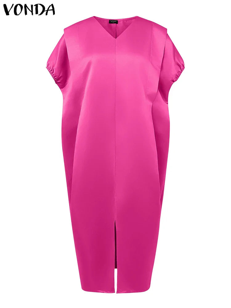 VONDA Plus Size Bohemian Women Maxi Dress 2025 Summer Split Long Sundress V-Neck Short Sleeve Casual Solid Party Satin Robe 5XL