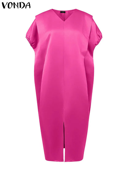 VONDA Plus Size Bohemian Women Maxi Dress 2025 Summer Split Long Sundress V-Neck Short Sleeve Casual Solid Party Satin Robe 5XL