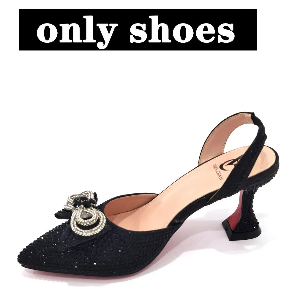 The Latest Style Rhinestone Bow Side Empty Party High Heels Pointed Toe Stiletto Heels Silver Women's Shoes And Bags