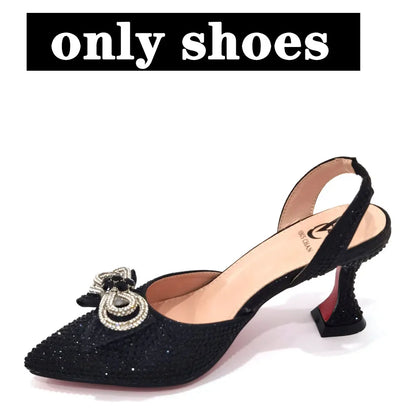 The Latest Style Rhinestone Bow Side Empty Party High Heels Pointed Toe Stiletto Heels Silver Women's Shoes And Bags