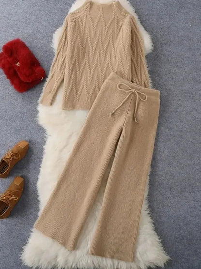 Winter Fall Knit 2 Piece Sets Half High Collar Warm Sweater Outfit Wide Leg Loose Pant Suits Solid Color Soft Korean Tracksuit