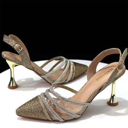 Venus Chan Shoes for Women 2023 Pointed Toe Black Heels Rhinestone Chain Party Sandals Italian Shoes and Bags Matching Set 2023