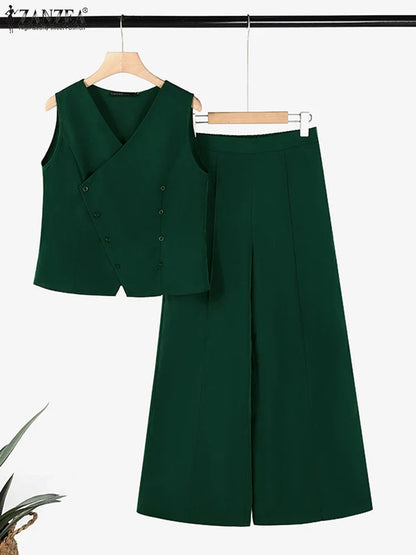 ZANZEA 2025 Summer Women Pant Sets Casual V Neck Vests Tops Wide Leg Pant 2pcs Outfits Office Lady Solid Commute Trouser Suits