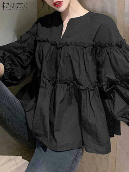 ZANZEA Fashion Women Long Puff Sleeve Blouse Autumn Spring Eelgant Shirt Ruffles Blusas Femininas Mujer Party Work Tops Tunic