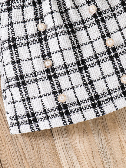 Spring and autumn fashion girls casual 2-piece micro elastic solid color knitted crew-neck long-sleeved top + plaid skirt