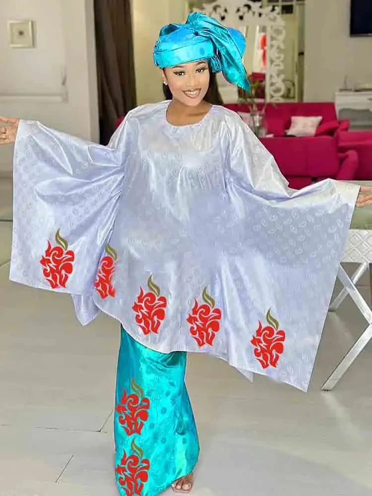 Shiny Bazin Riche Long Dresses For Ankara Women Daily Clothing Free Size 2024 Latest Free Size Bazin Riche Dashiki Robe Scarf