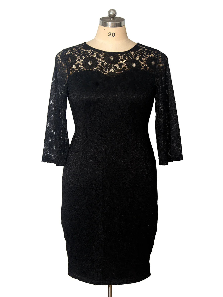 Plus Size Party Dresses for Wedding Guest Women's 2024 Spring Summer Long Sleeve Lace Floral See Through Elegant Bodycon Dress