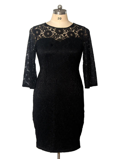 Plus Size Party Dresses for Wedding Guest Women's 2024 Spring Summer Long Sleeve Lace Floral See Through Elegant Bodycon Dress