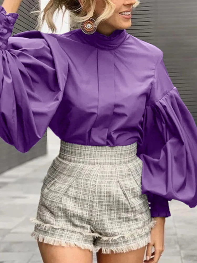 ZANZEA Fashion Shirts and Blouses for Women Purple Tops 2024 Elegant Long Lantern Sleeve Autumn Solid Color Chic Blusa Oversized