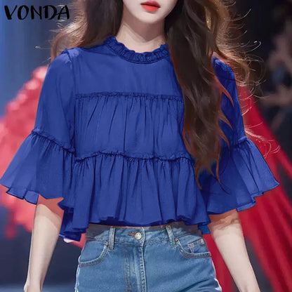 VONDA Women Ruffled Shirts 2025 Casual Flare Sleeve Tops Bohemian Blusas Solid Color Elegent Blouse Female Summer Tunic Oversize