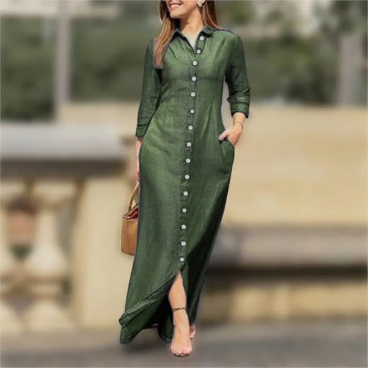 Women's Dress Single Breasted Temperament Long Sleeved Robe Retro Long Style Solid Color Casual Dress Button Up Shirt Long Style