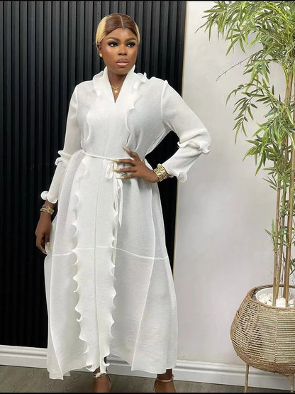 Women Eid Muslim Dress Ruffles Sleeve Dubai Abayas Solid Dresses Sashes Loose Casual Morocco Kaftan Islam Arab Ankle Length