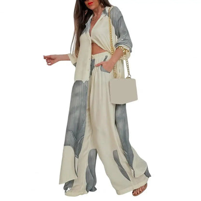 Two-piece Suit Women Contrasting Color Suit Stylish Women's V-neck Patchwork Printed Suit for Various Occasions Loose Fit Top
