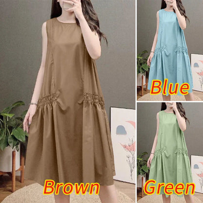 ZANZEA Summer Women's A-line Midi Dresses Casual O-Neck Shirring Pleated Tank Vestidos 2025 Fashion Holiday Solid Robes Femme