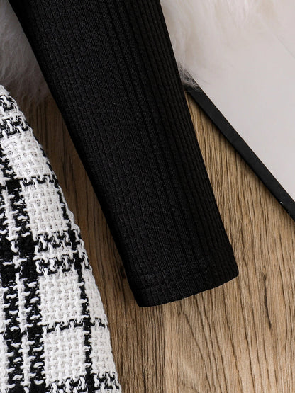 Spring and autumn fashion girls casual 2-piece micro elastic solid color knitted crew-neck long-sleeved top + plaid skirt