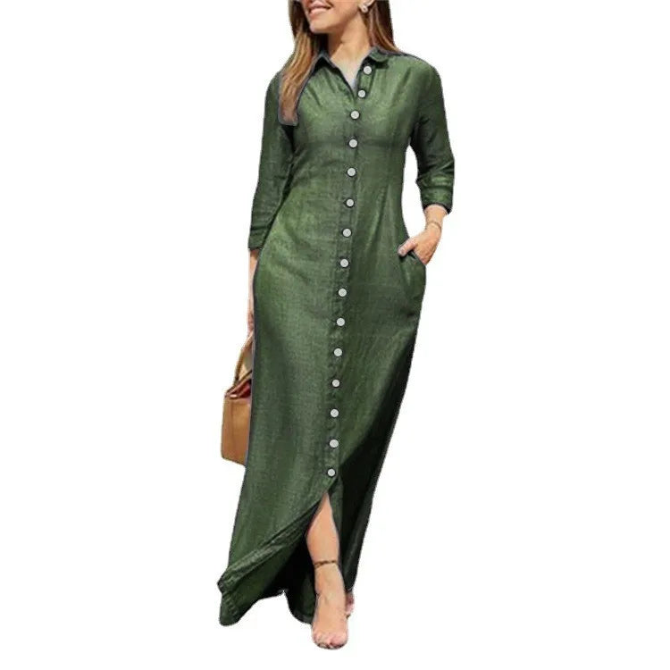 Women's Dress Single Breasted Temperament Long Sleeved Robe Retro Long Style Solid Color Casual Dress Button Up Shirt Long Style