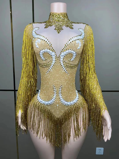 Stage Latin dance cha-cha dance practice suit stretch slim skirt fringe flash small diamond pearl design suit