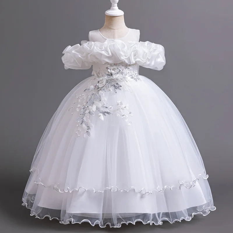 New Elegant Girl Party Dress Long Wedding Bridesmaid Dress 4-13 Year Old Mesh Embroidered Graduation Ball Evening Dress